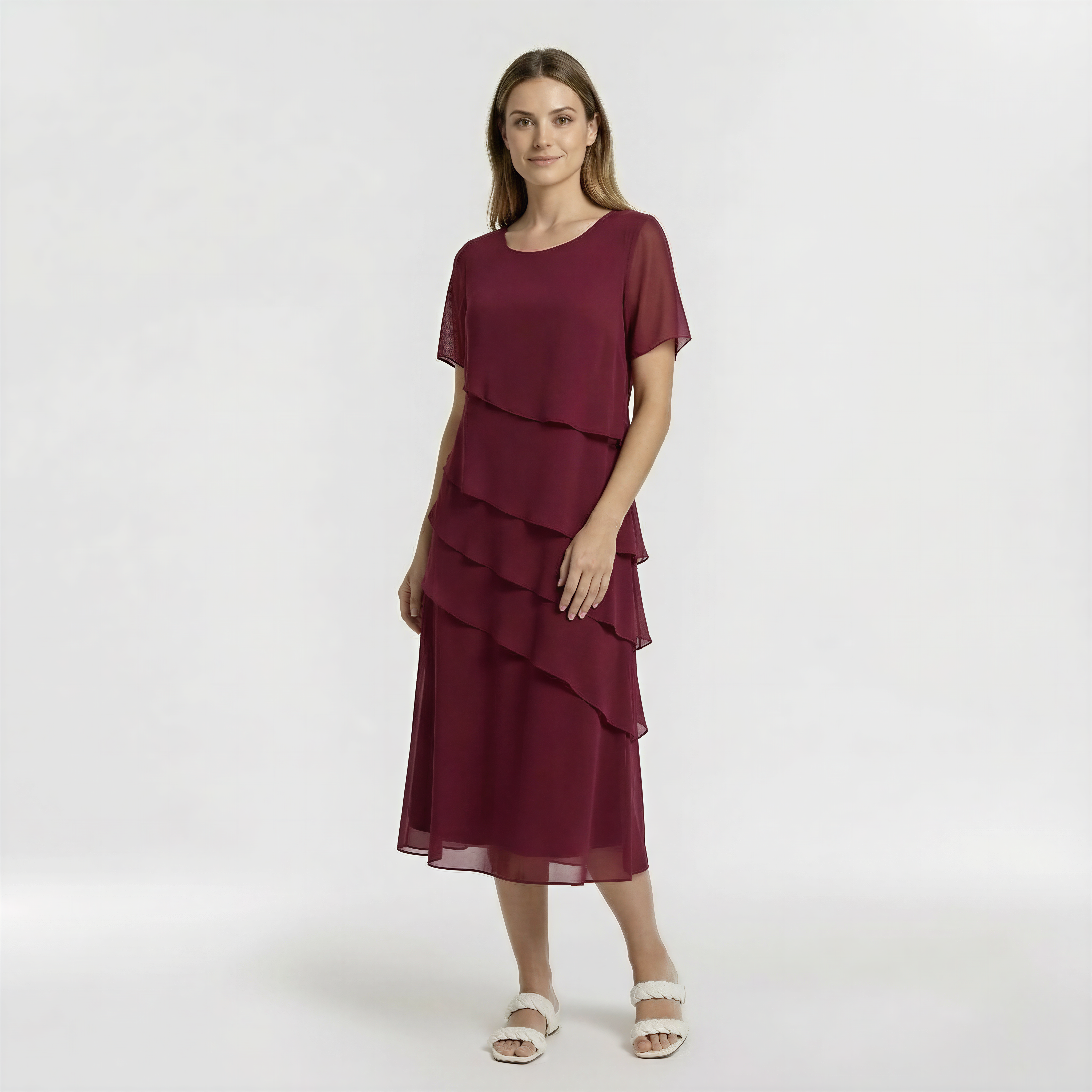 Women's short-sleeve midi dress with ruffles for everyday wear