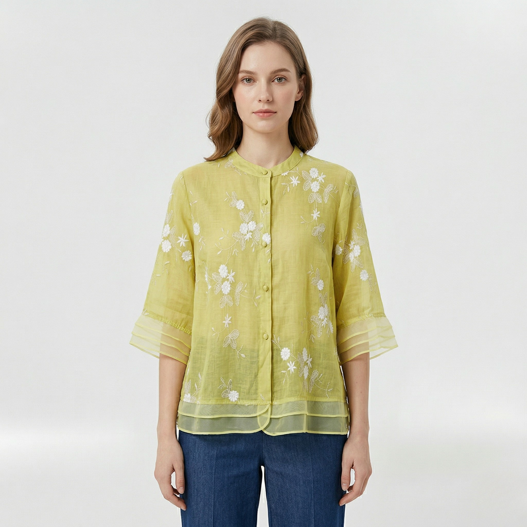 Blusa donna morbida con ricami floreali e colletto coreano casual
