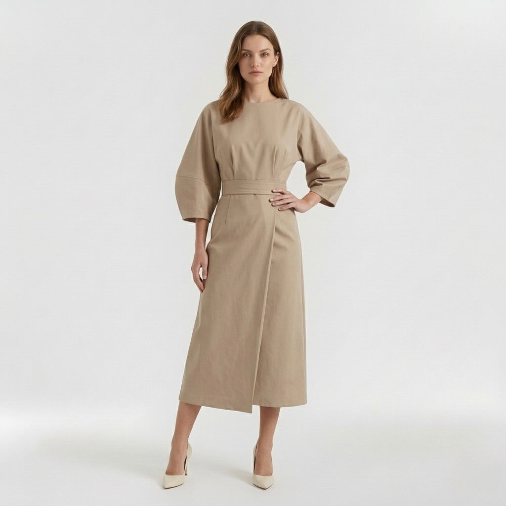 Elegant Long-Sleeve Midi Dress for Women – Casual Chic Dress with Belt