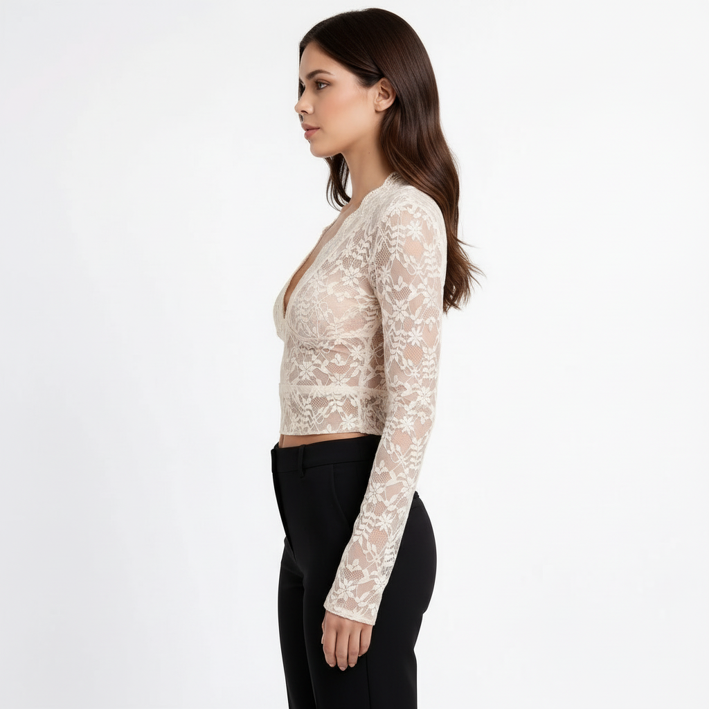 Top in pizzo a maniche lunghe da donna con scollo profondo