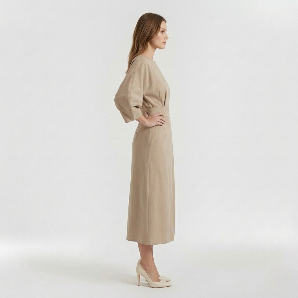Elegant Long-Sleeve Midi Dress for Women – Casual Chic Dress with Belt