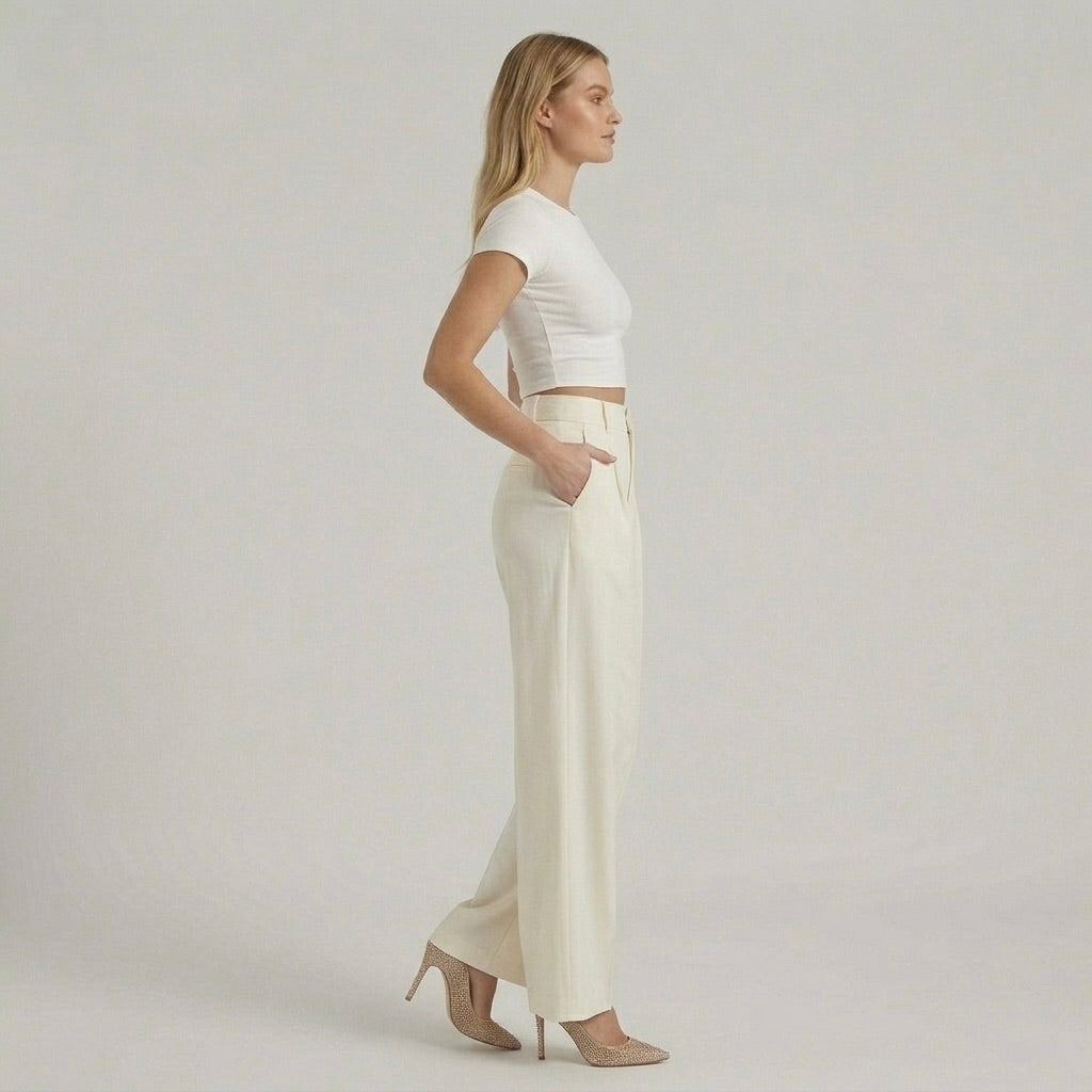 Calças elegantes de senhora de perna larga – calças de cintura subida casual chic