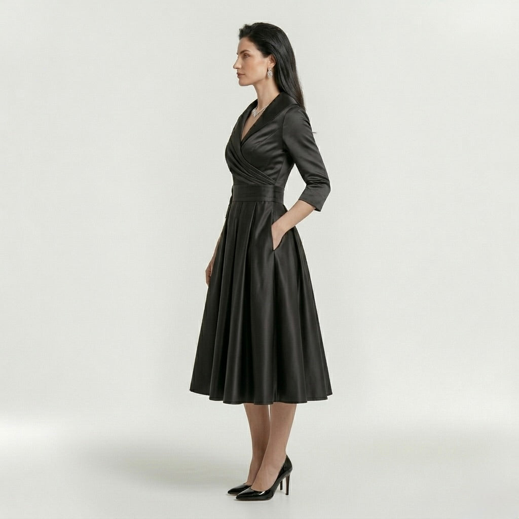 Vestido midi feminino elegante de mangas longas - vestido clássico evasê com cinto