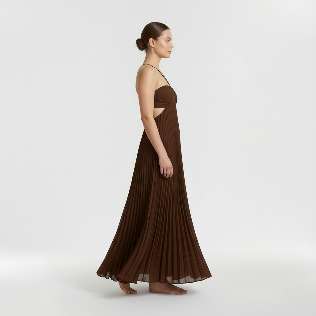 Vestido maxi plissado com decote halter e costas descobertas para mulher