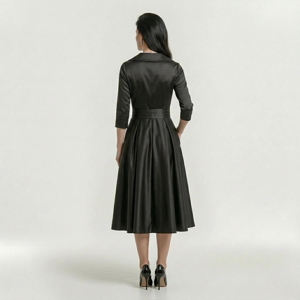 Vestido midi feminino elegante de mangas longas - vestido clássico evasê com cinto