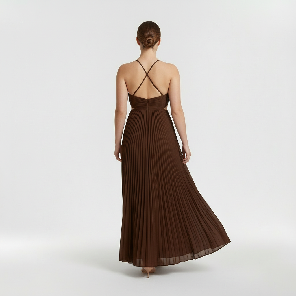 Vestido maxi plissado com decote halter e costas descobertas para mulher