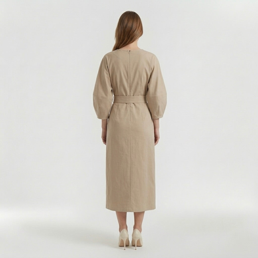 Elegant Long-Sleeve Midi Dress for Women – Casual Chic Dress with Belt