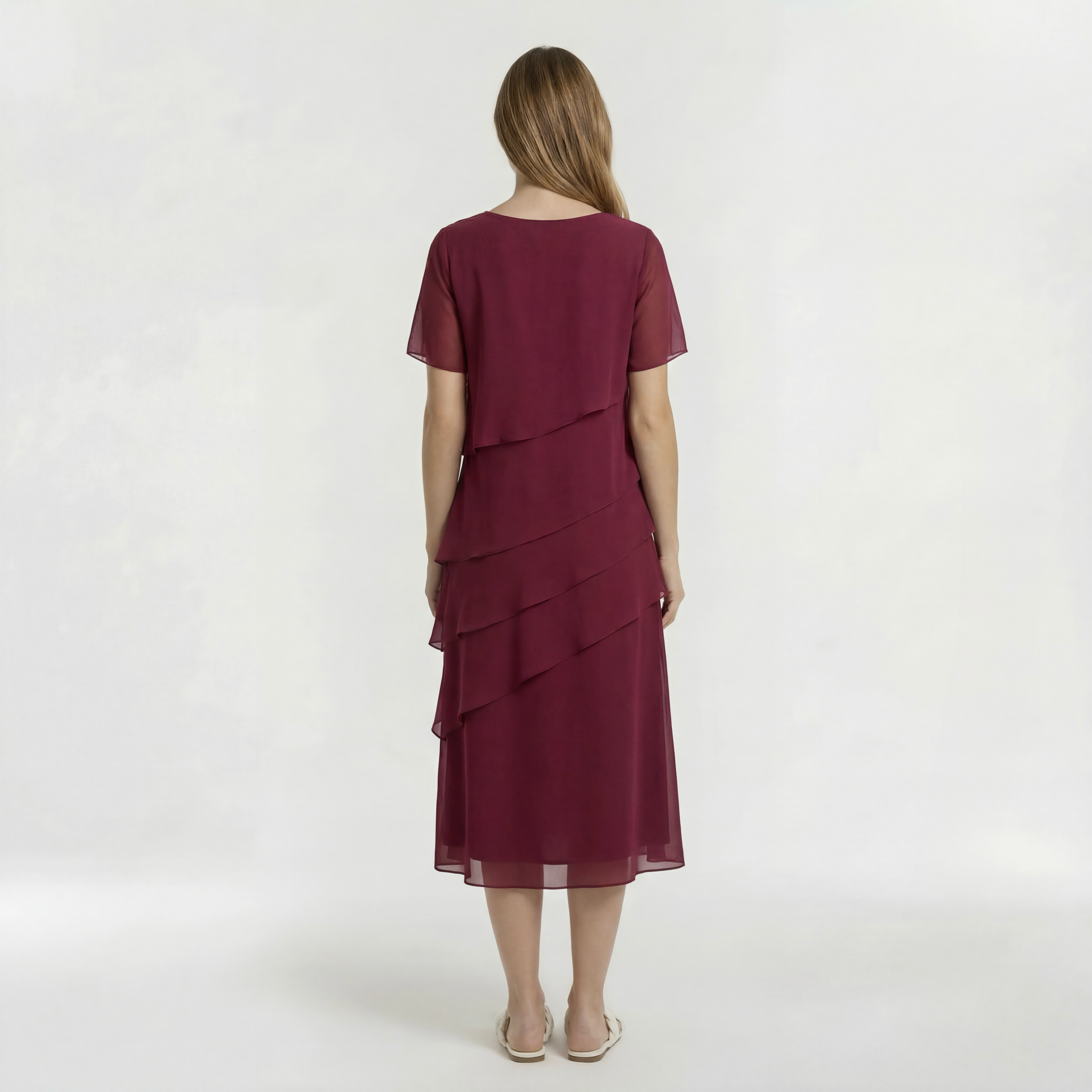Elegant women's midi dress with short sleeves, ceremony dress with draping