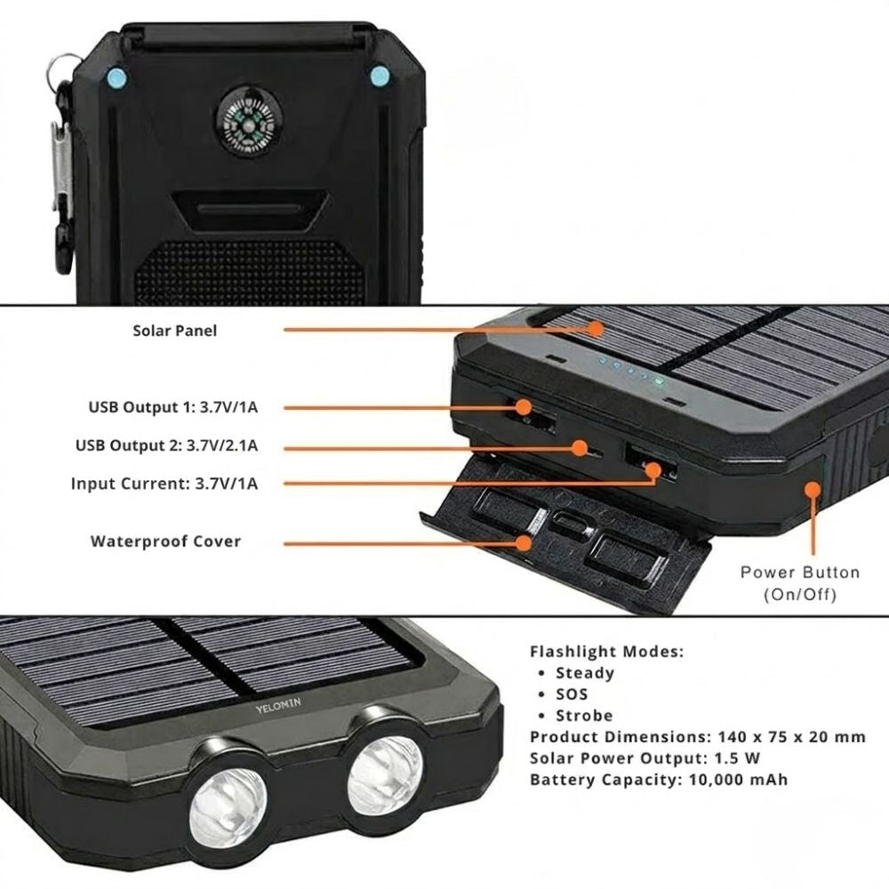 Power Bank Solare Impermeabile e Antiurto 10000 mAh