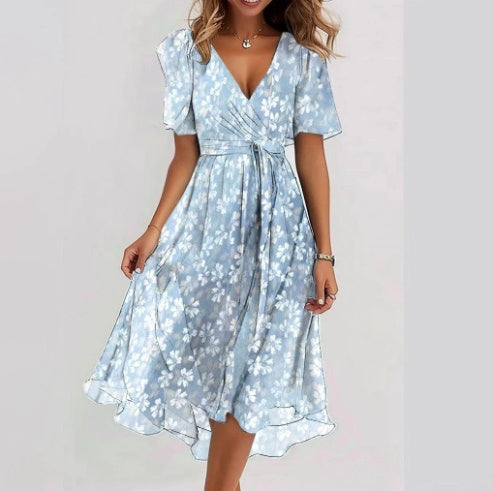 Emily Vestito Midi Donna – Abito Leggero in Chiffon con Stampa Floreale, Scollo a V e Vita Aderente