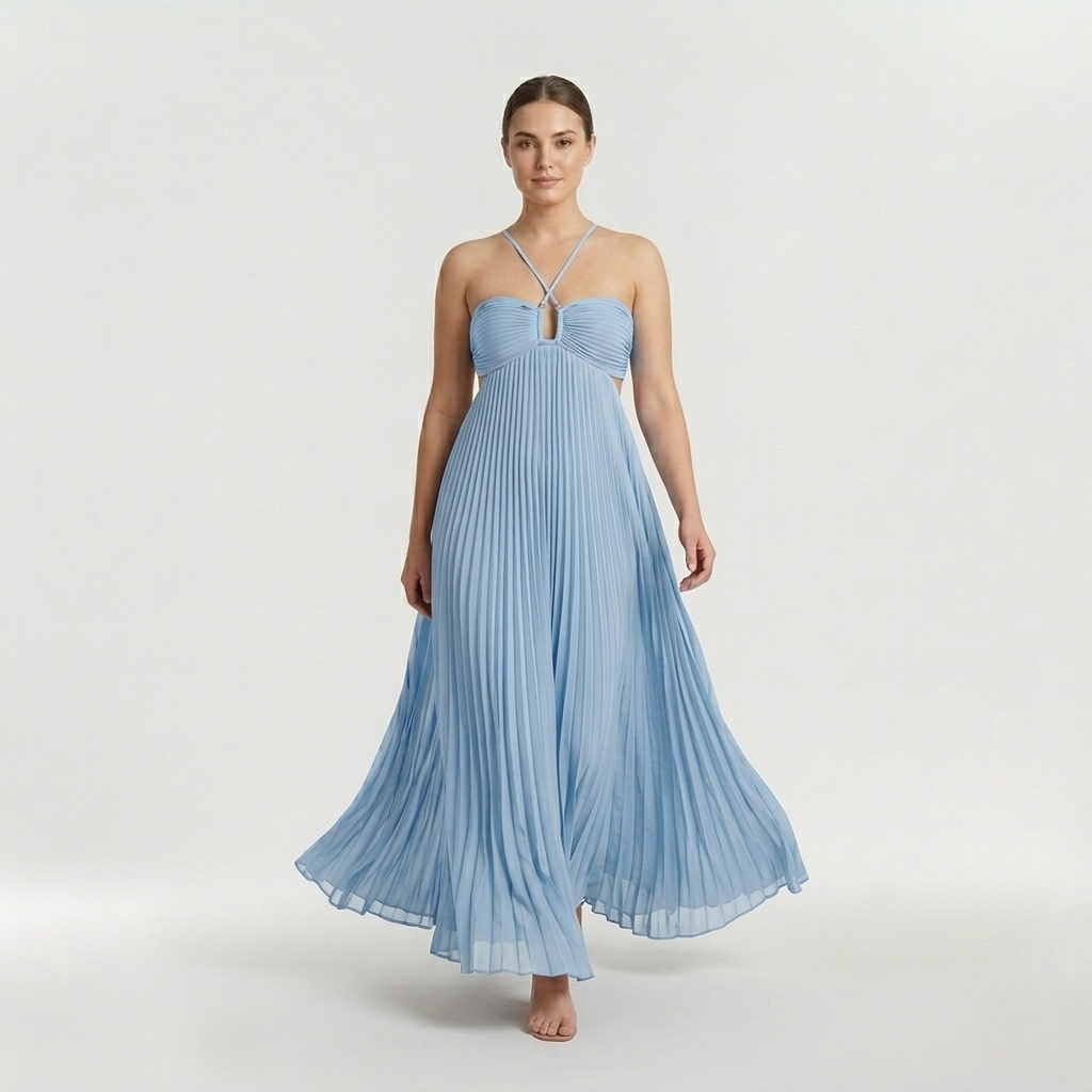 Vestido maxi plissado com decote halter e costas descobertas para mulher