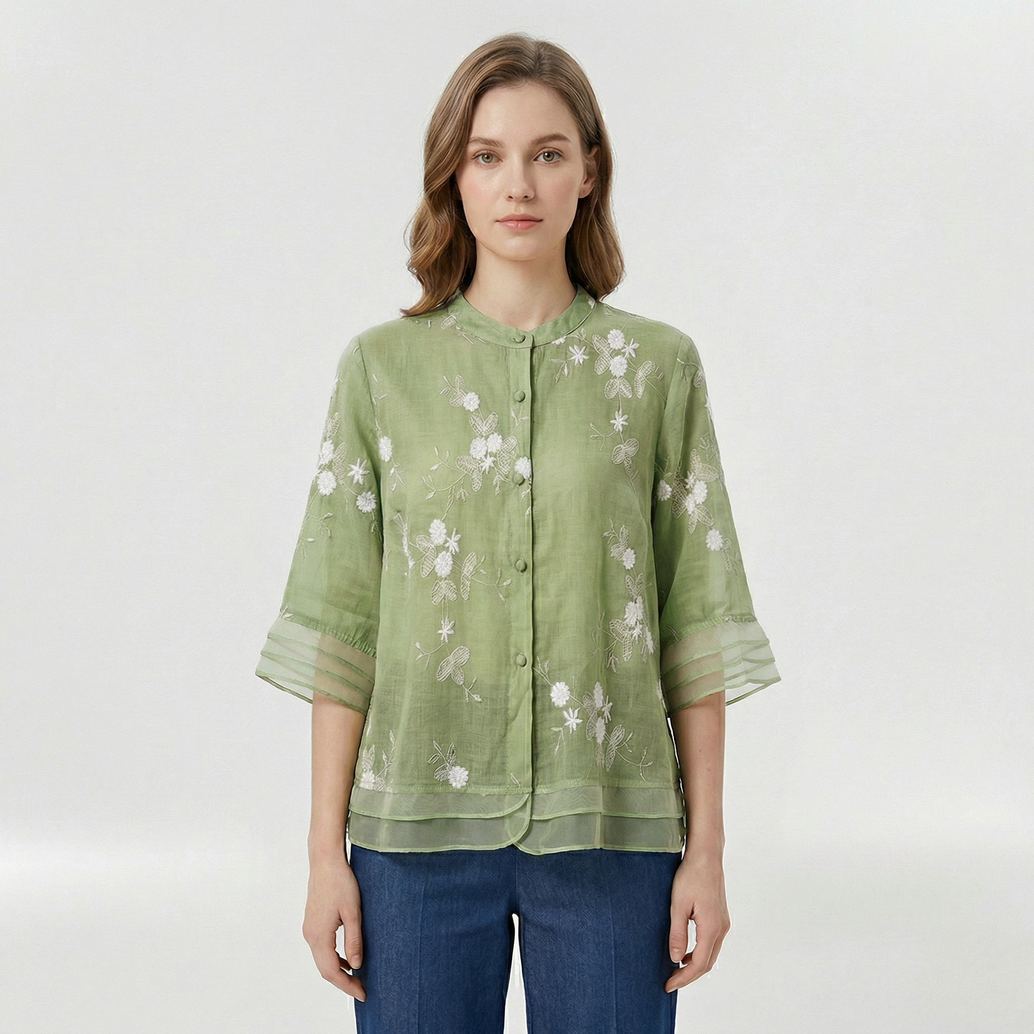 Blusa donna morbida con ricami floreali e colletto coreano casual