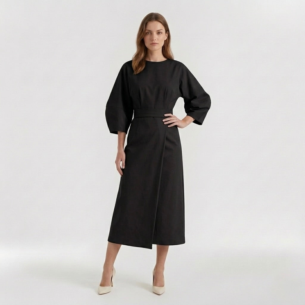 Elegant Long-Sleeve Midi Dress for Women – Casual Chic Dress with Belt