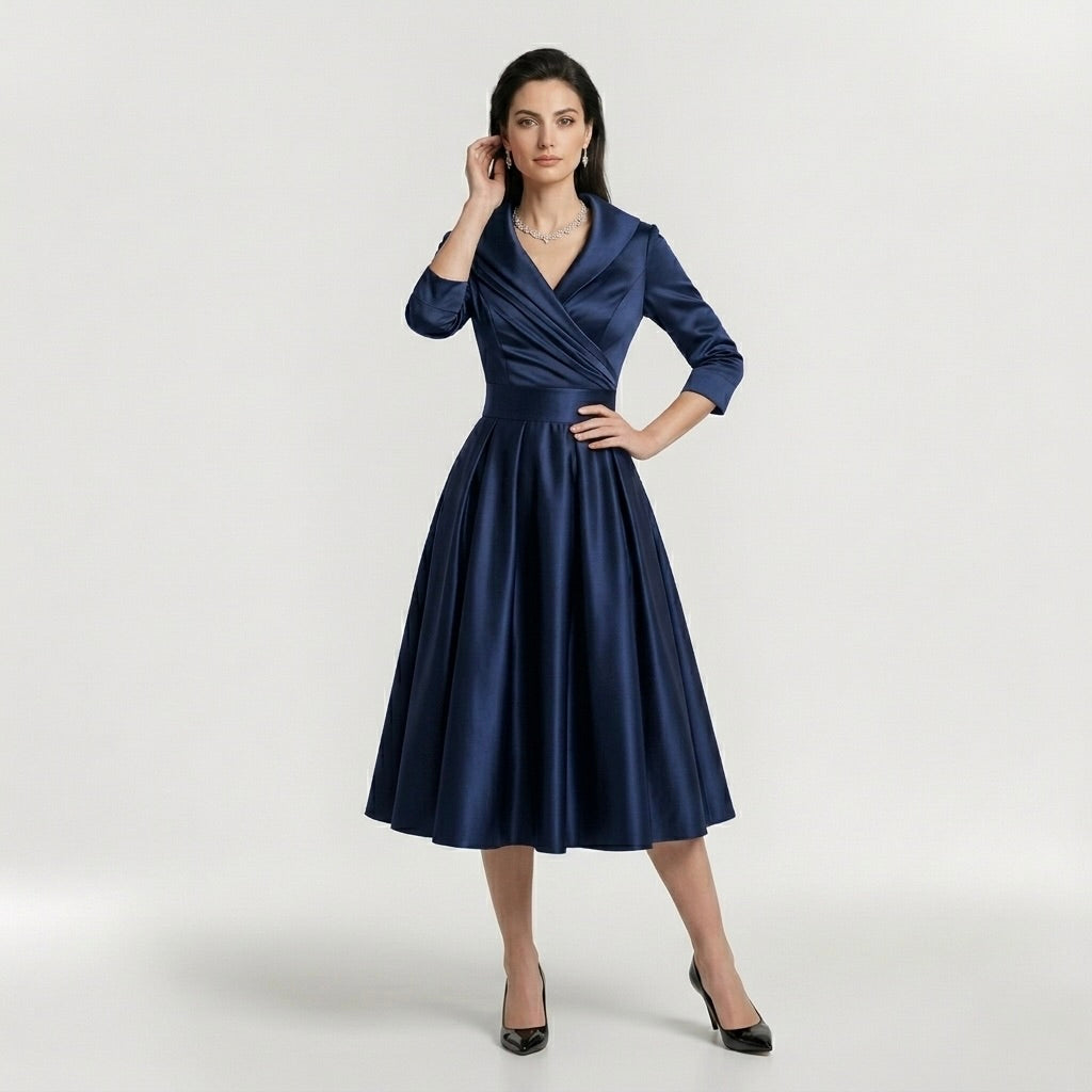 Vestido midi feminino elegante de mangas longas - vestido clássico evasê com cinto
