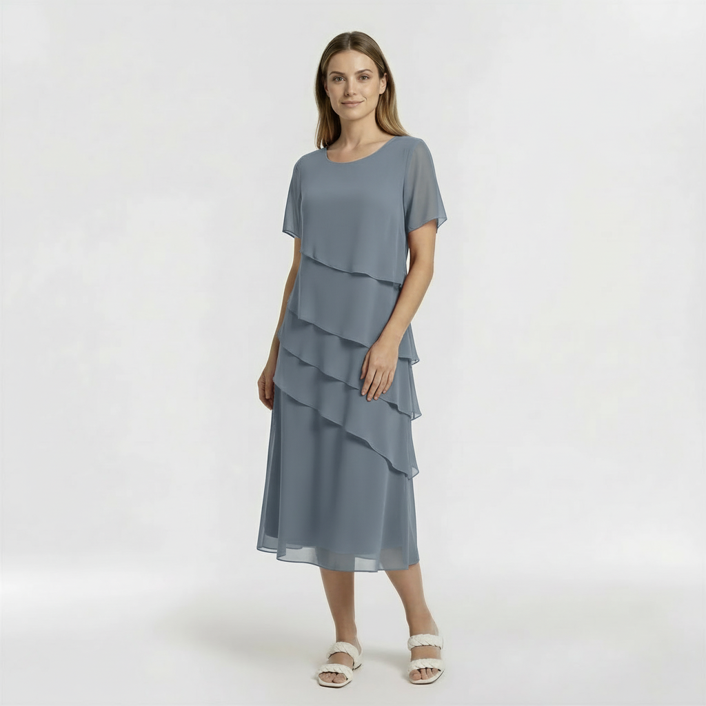 Elegant women's midi dress with short sleeves, ceremony dress with draping