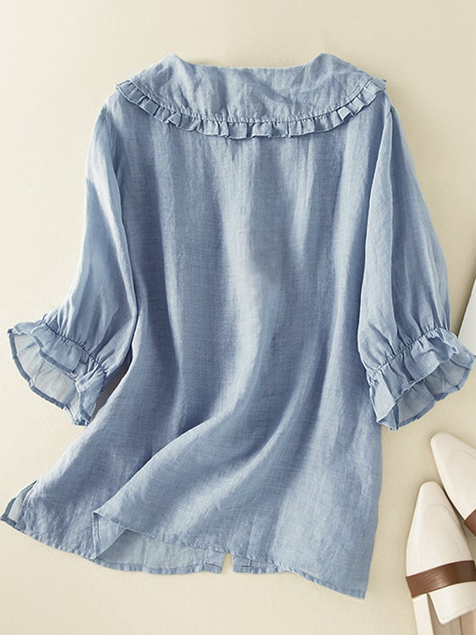 Jillian Women’s Shirt – Oversized Cotton and Linen Shirt with Chic Ruffled Peter Pan Collar