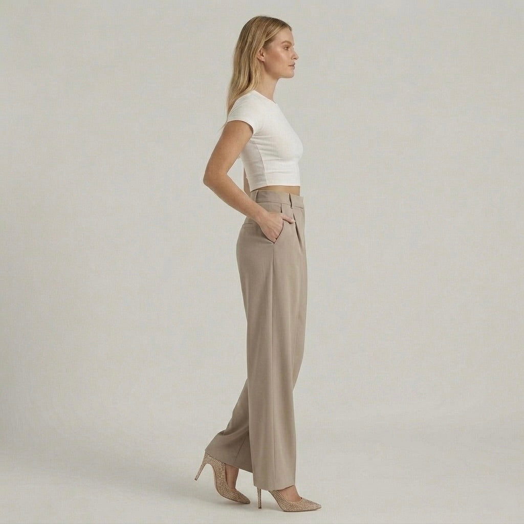 Calças elegantes de senhora de perna larga – calças de cintura subida casual chic