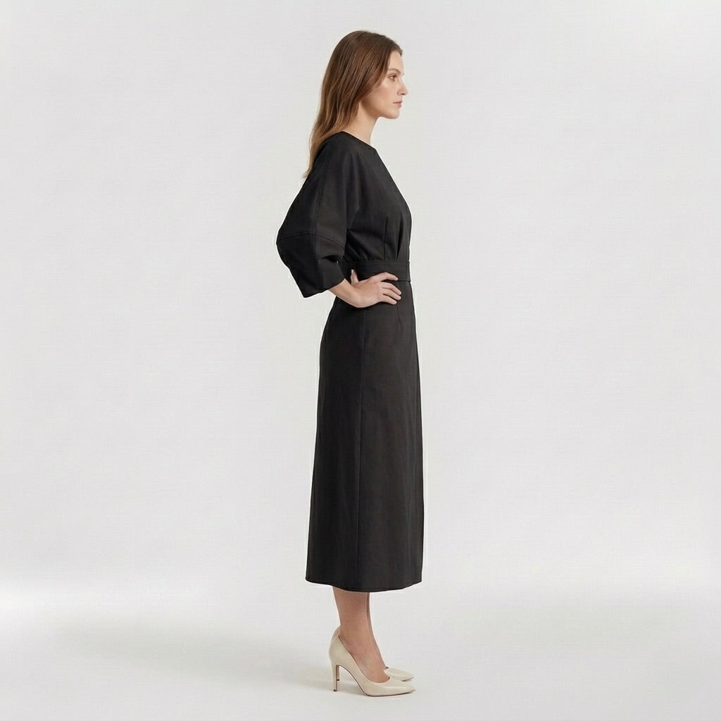 Elegant Long-Sleeve Midi Dress for Women – Casual Chic Dress with Belt