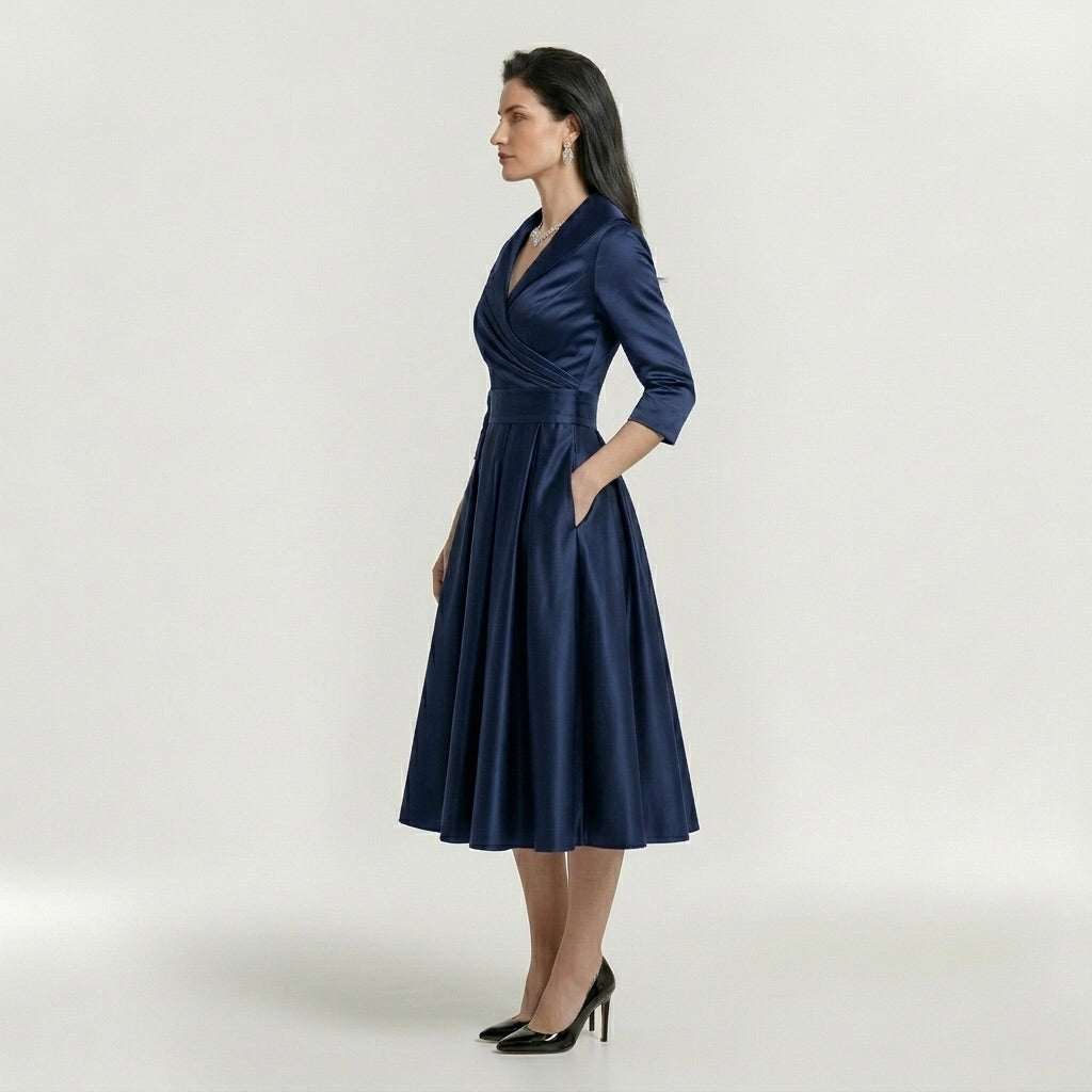 Vestido midi feminino elegante de mangas longas - vestido clássico evasê com cinto