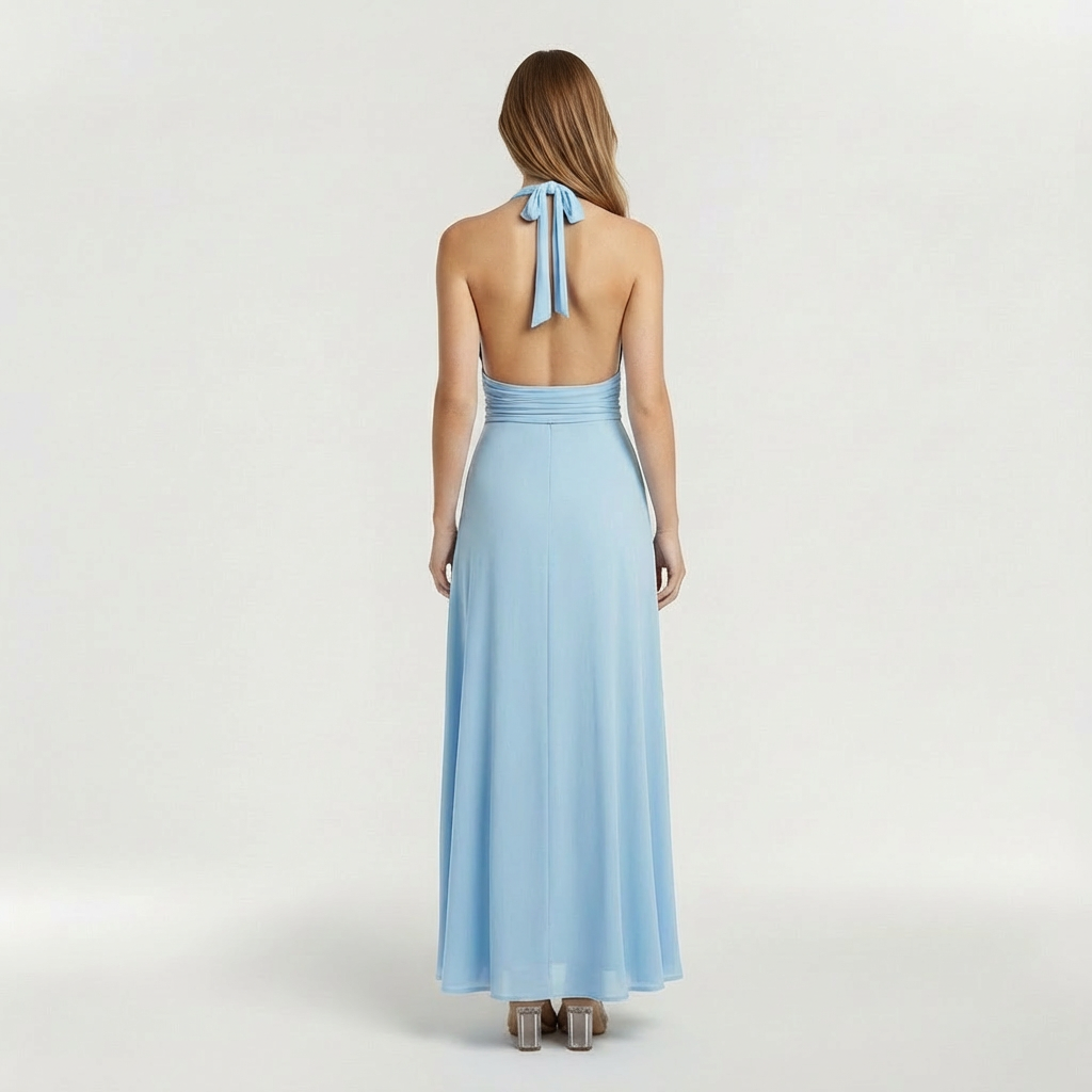 Elegantní dámské maxi šaty s halter výstřihem a bočním rozparkem