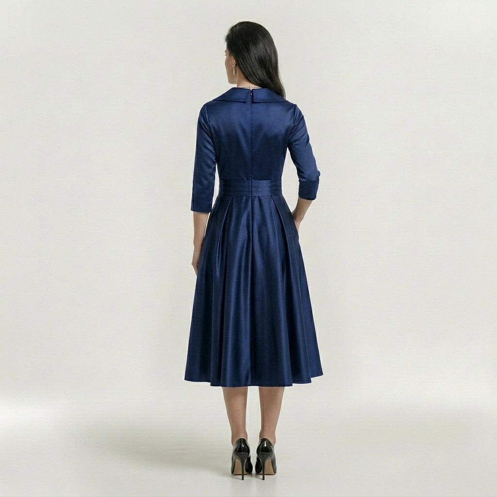 Vestido midi feminino elegante de mangas longas - vestido clássico evasê com cinto