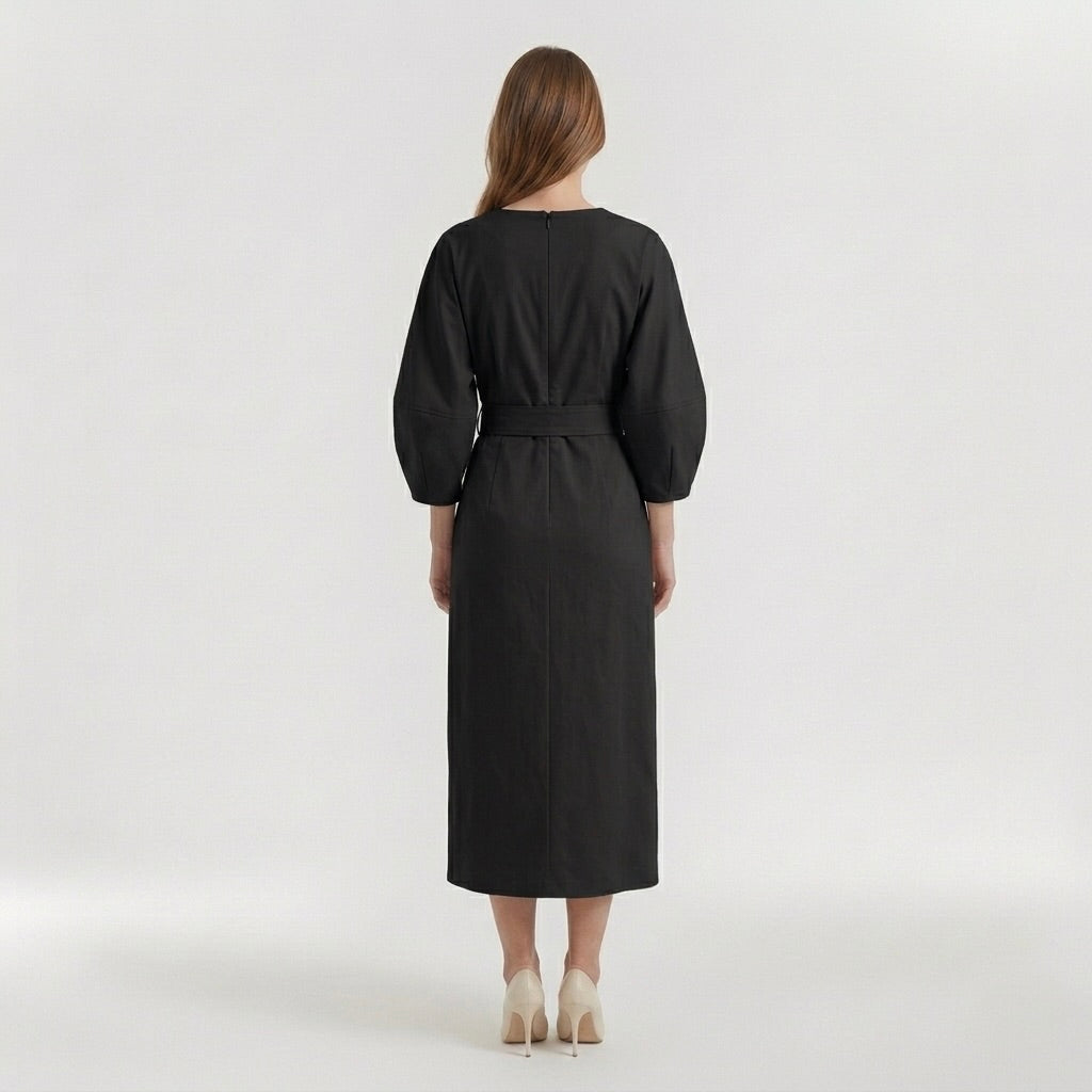 Elegant Long-Sleeve Midi Dress for Women – Casual Chic Dress with Belt