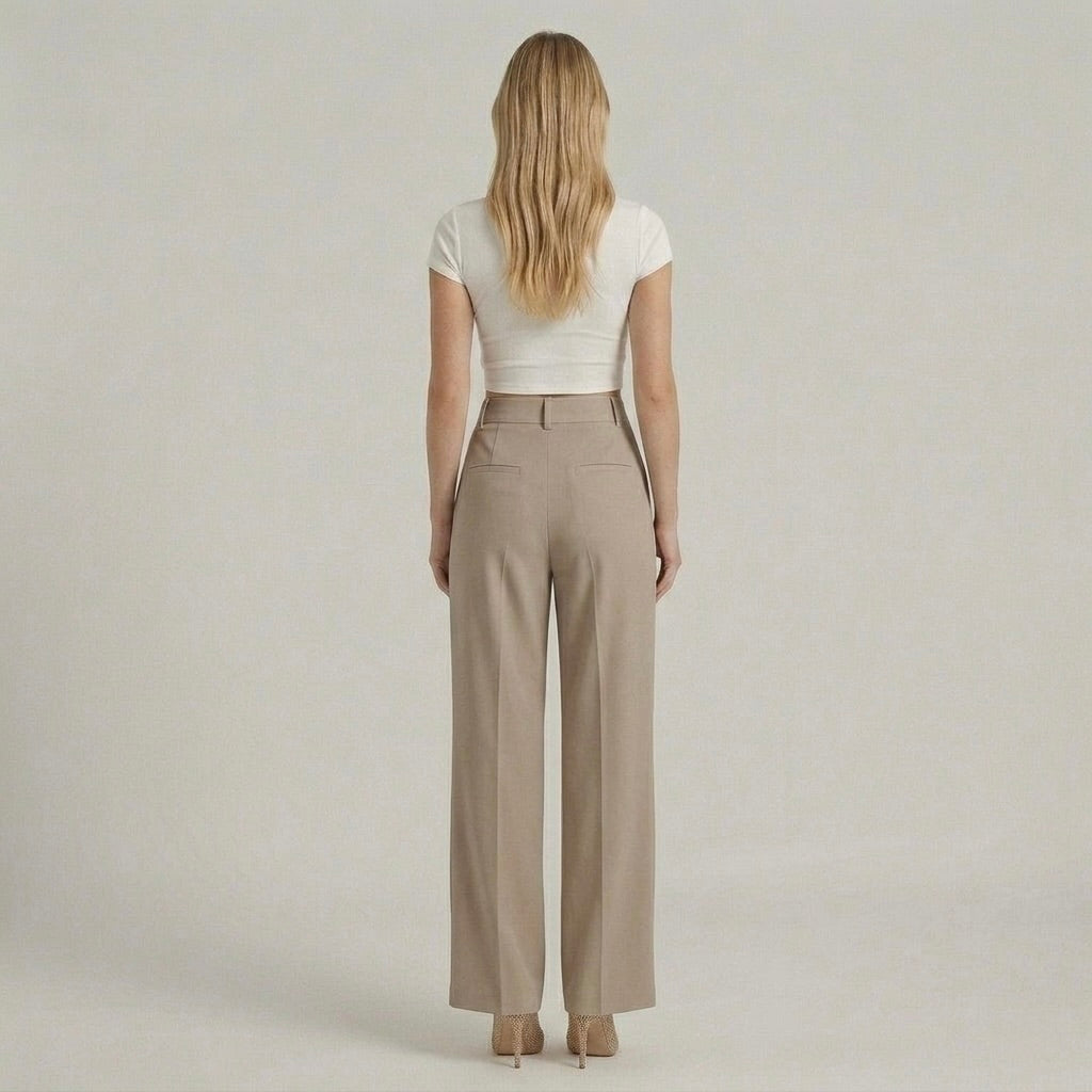 Calças elegantes de senhora de perna larga – calças de cintura subida casual chic