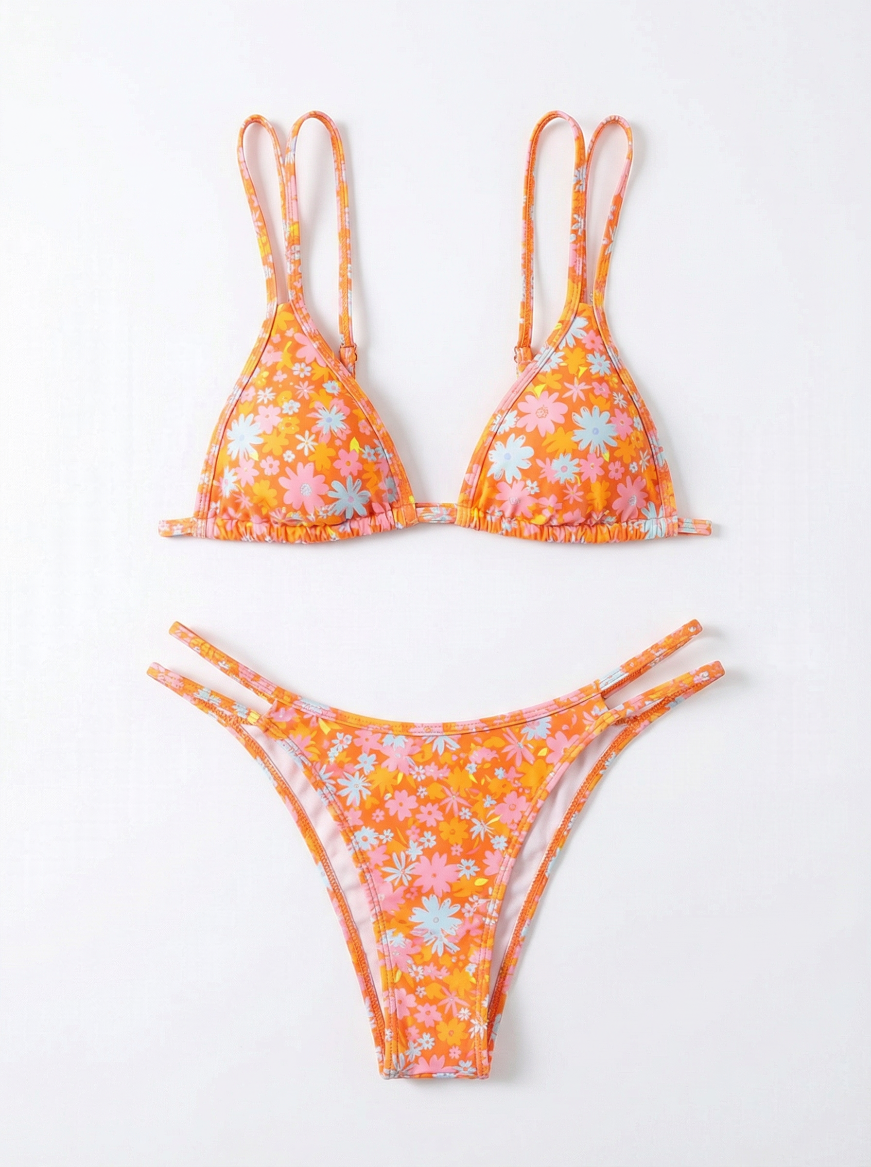 Γυναικείο πορτοκαλί μπικίνι με floral print και διπλές τιράντες
