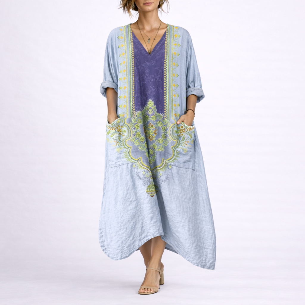 Μάξι φόρεμα Boho γυναικείο με κεντήματα και μανίκια 3/4