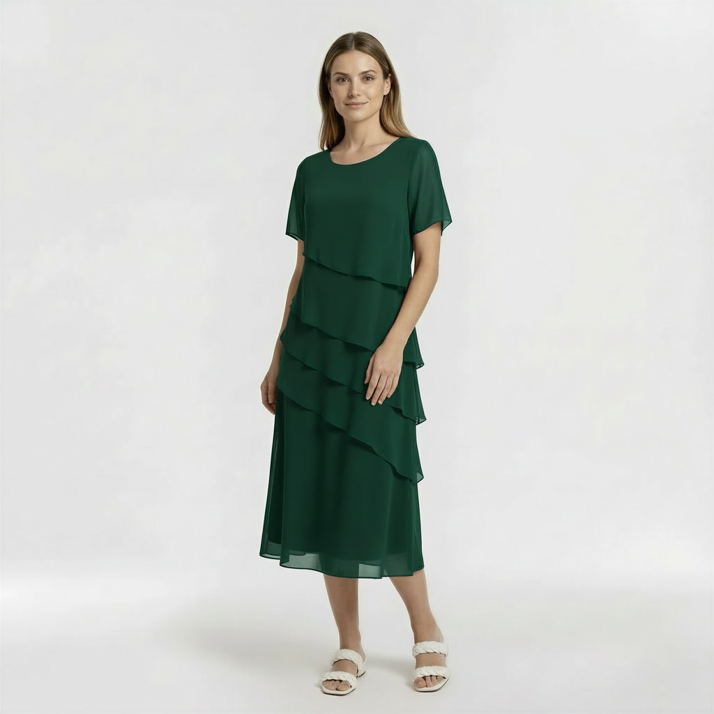 Women's short-sleeve midi dress with ruffles for everyday wear