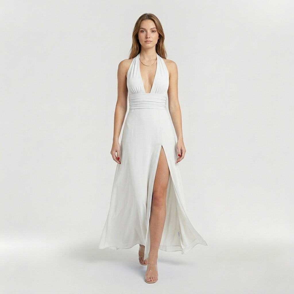 Elegantní dámské maxi šaty s halter výstřihem a bočním rozparkem