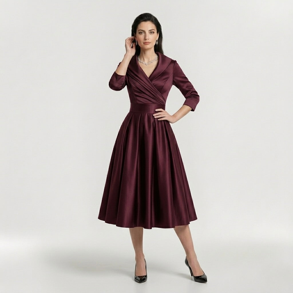Vestido midi feminino elegante de mangas longas - vestido clássico evasê com cinto