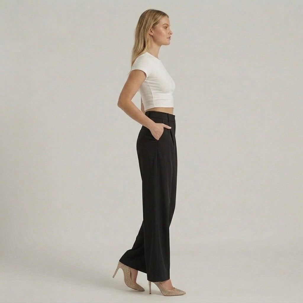 Calças elegantes de senhora de perna larga – calças de cintura subida casual chic