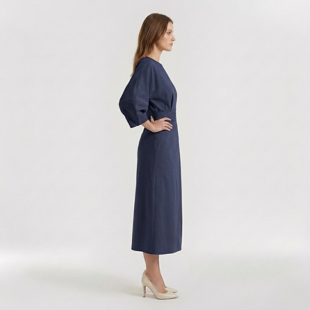 Elegant Long-Sleeve Midi Dress for Women – Casual Chic Dress with Belt