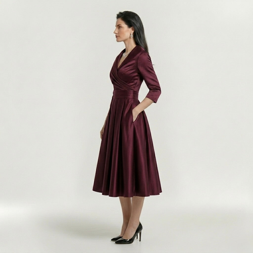 Vestido midi feminino elegante de mangas longas - vestido clássico evasê com cinto