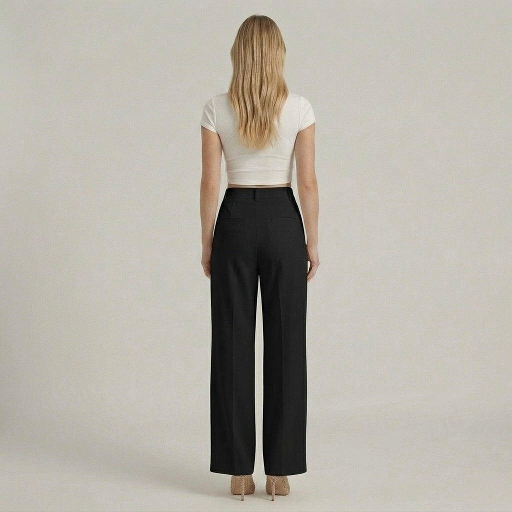 Calças elegantes de senhora de perna larga – calças de cintura subida casual chic