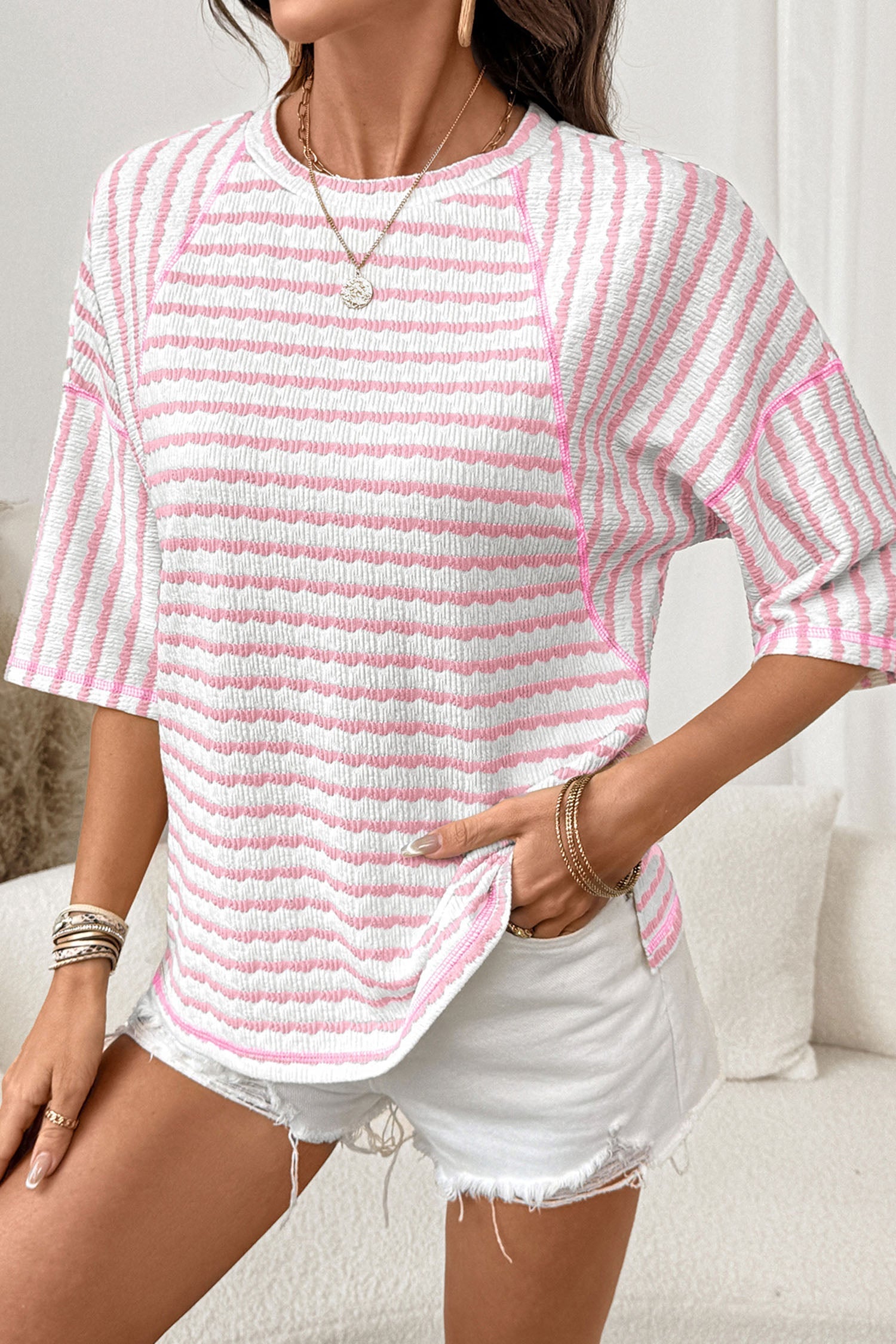 Φαρδύ Ριγέ Τοπ από Δομημένο Πλεκτό με Άνοιγμα και Μανίκια Μέχρι τον Αγκώνα