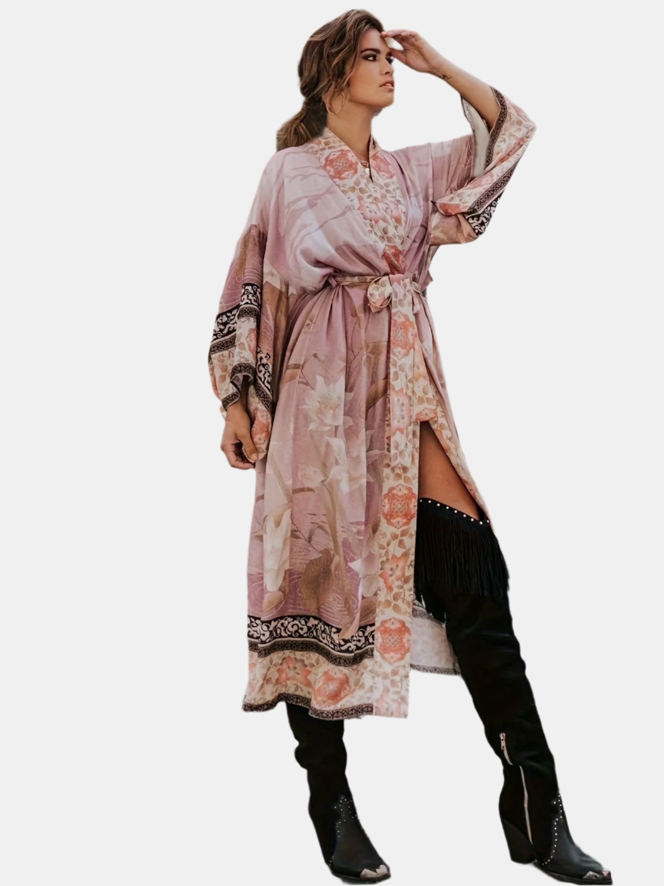 Μακρύ γυναικείο boho φόρεμα με έθνικ print και μακριά μανίκια