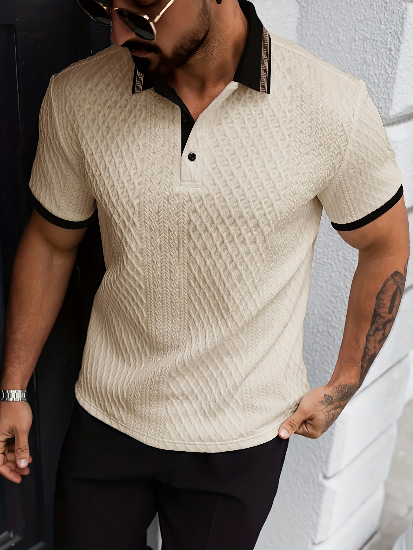 Men's Textured Polo Shirt, Short Sleeve, Slim Fit, Breathable
