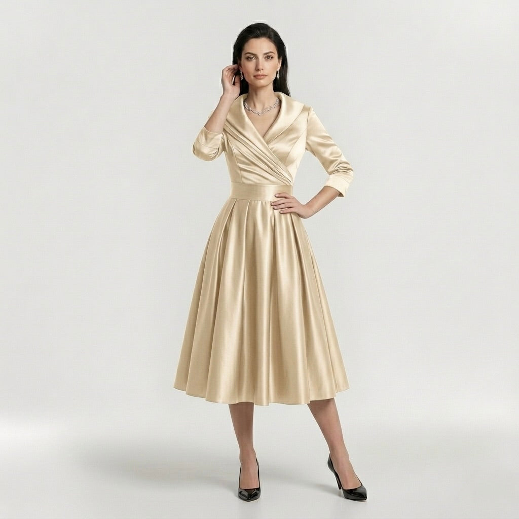 Vestido midi feminino elegante de mangas longas - vestido clássico evasê com cinto