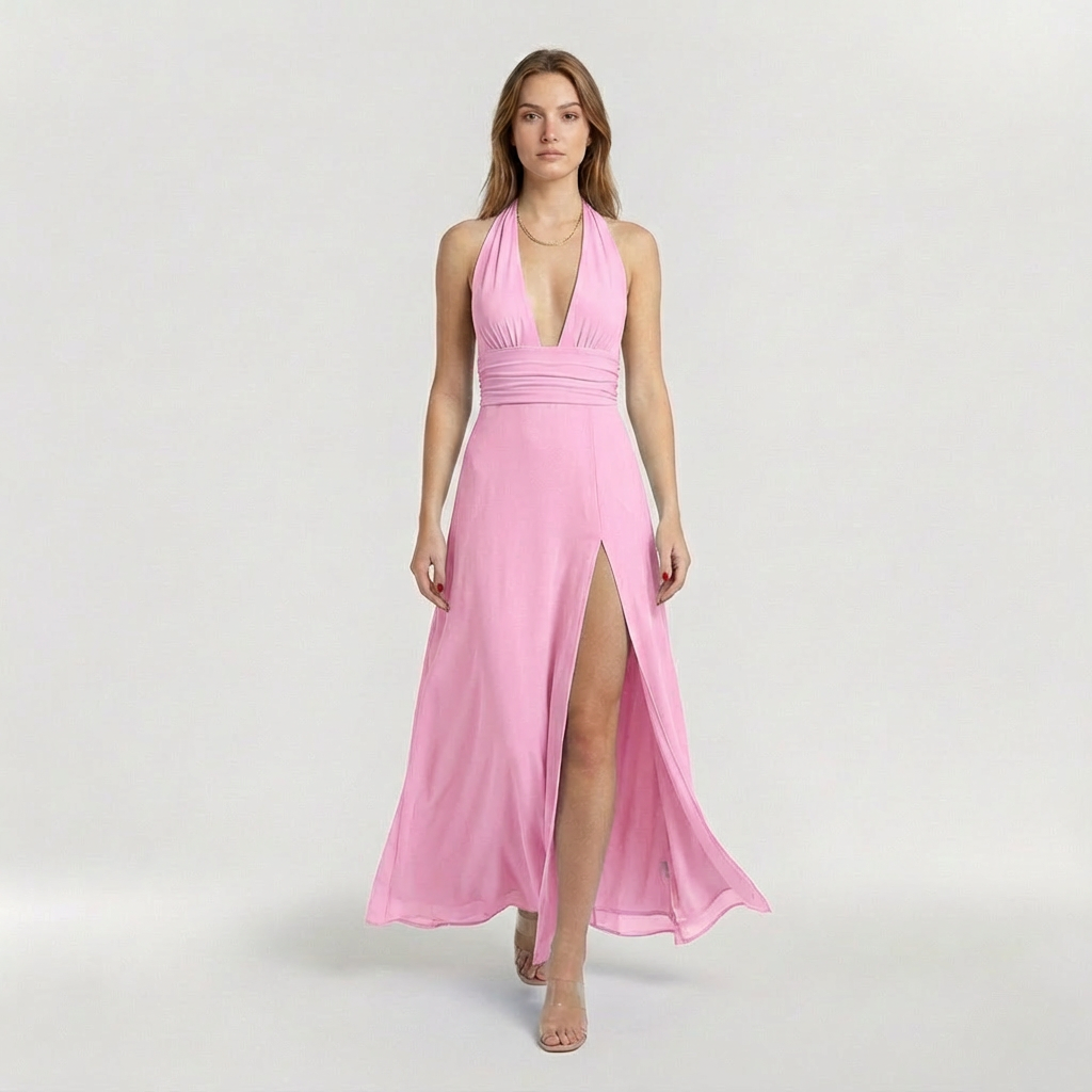 Elegantní dámské maxi šaty s halter výstřihem a bočním rozparkem