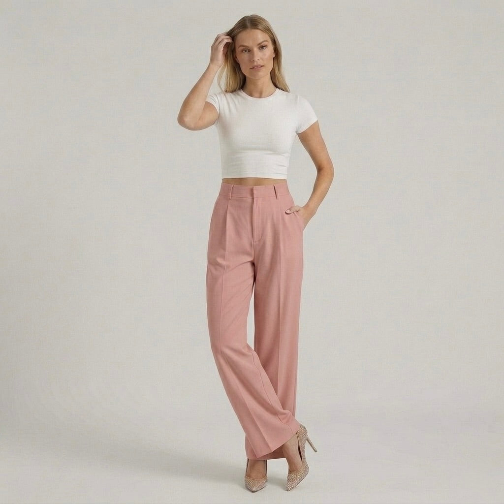 Calças elegantes de senhora de perna larga – calças de cintura subida casual chic