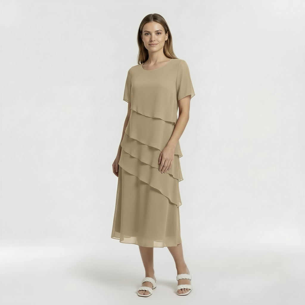 Elegant women's midi dress with short sleeves, ceremony dress with draping