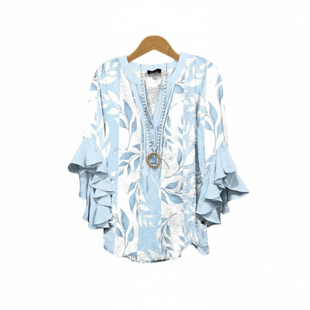 Blusa da donna con scollo a V, maniche con volant e stampa floreale