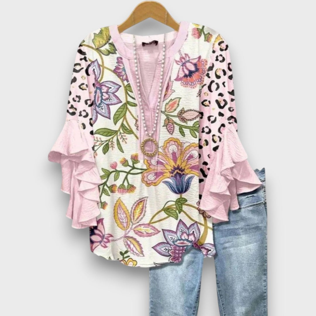 Blusa da donna con scollo a V, maniche con volant e stampa floreale
