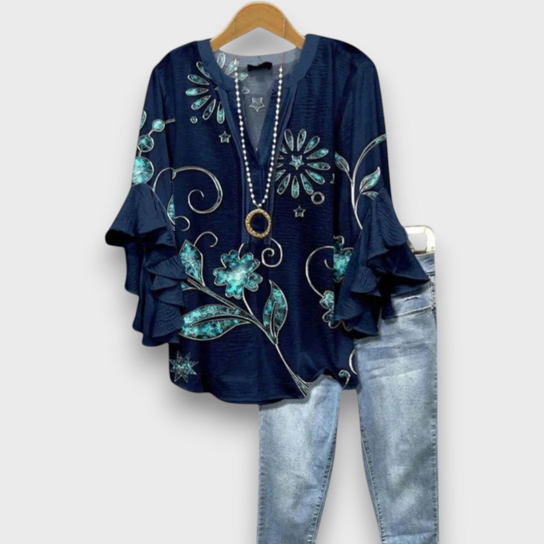 Blusa da donna con scollo a V, maniche con volant e stampa floreale