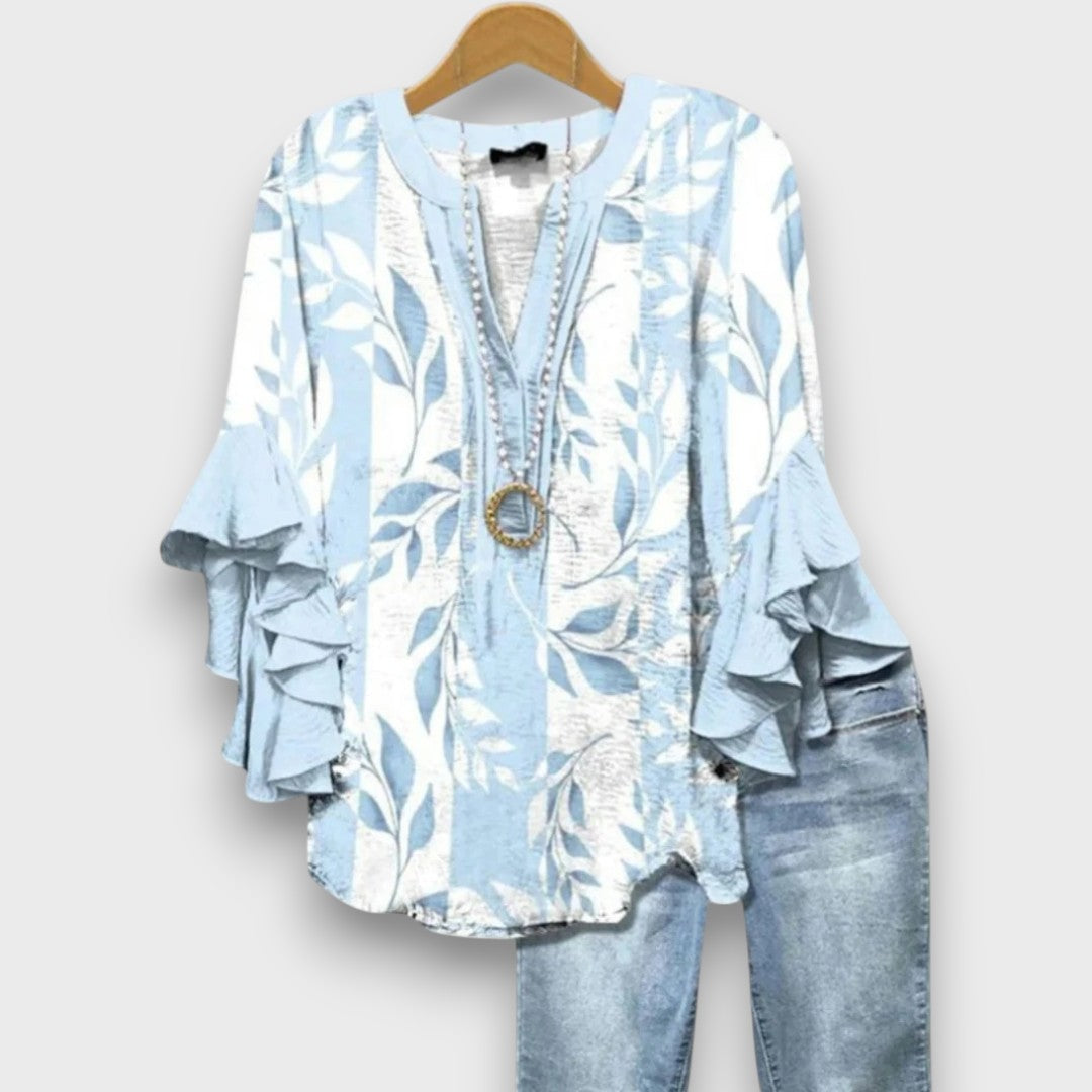 Blusa da donna con scollo a V, maniche con volant e stampa floreale