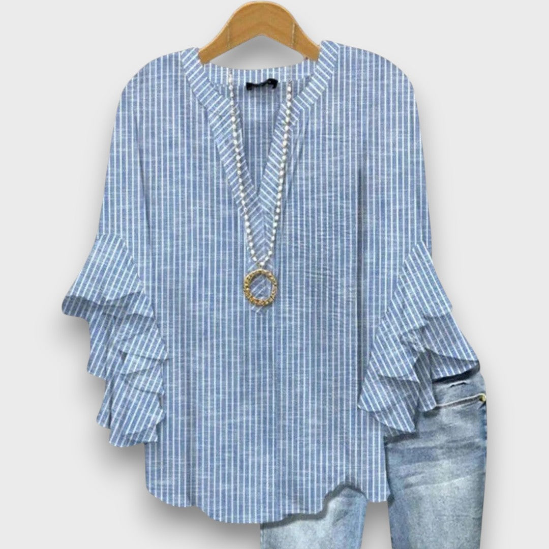 Blusa da donna con scollo a V, maniche con volant e stampa floreale