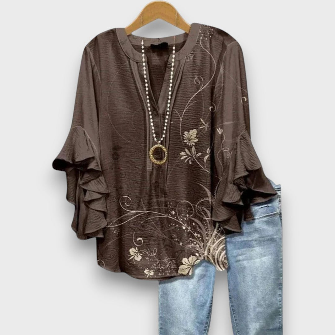 Blusa da donna con scollo a V, maniche con volant e stampa floreale