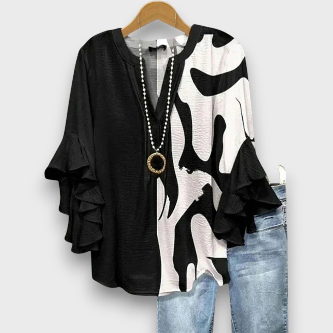 Blusa da donna con scollo a V, maniche con volant e stampa floreale